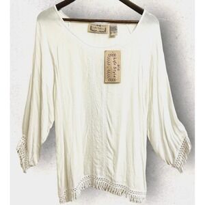 Life Style Shirt Womens Medium Boho Gauzy White Fringed 3/4 Sleeves Lightweight